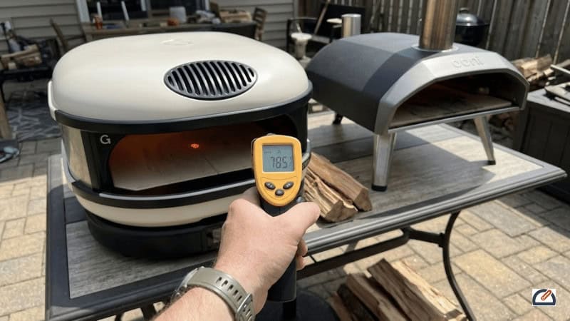 Gozney Arc XL and Ooni Koda 2 Pro side-by-side preheat test with Etekcity 774 reading 785°F floor temperature at 38 minutes