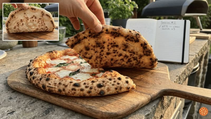 Leopard-spotted Neapolitan pizza crust from Marco 65% hydration summer dough recipe