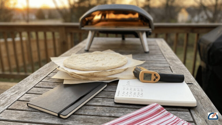 4th of July Backyard Pizza Party: How to Par-Bake 15 Pizzas Ahead and Finish in 90 Seconds Per Guest 4 Par-baked pizza bases on parchment paper with Etekcity 774 thermometer for 4th of July outdoor pizza party prep