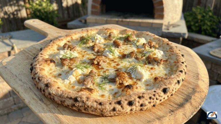Marco Rye's Father's Day white pizza with fennel sausage ricotta and Calabrian honey on outdoor pizza oven peel