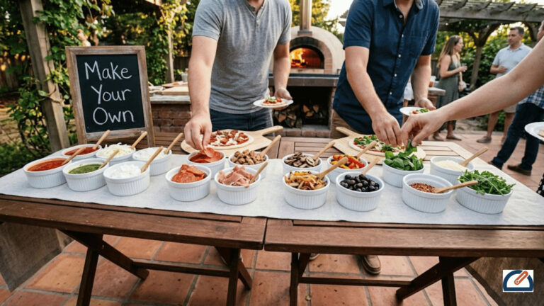 Make-Your-Own Pizza Night With an Outdoor Oven: The 2026 Host's Interactive Setup Guide 2 Outdoor make-your-own pizza topping station with four organized zones for interactive pizza night