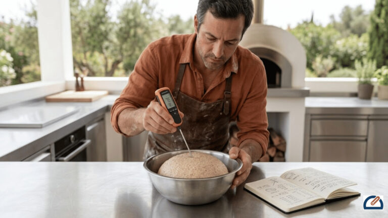 Summer Pizza Dough Adjustments: Hydration Formula, Yeast Reduction & Water Temperature for Outdoor Ovens at 80–95°F 3 Marco Rye measuring finished pizza dough temperature with probe thermometer for summer outdoor oven session