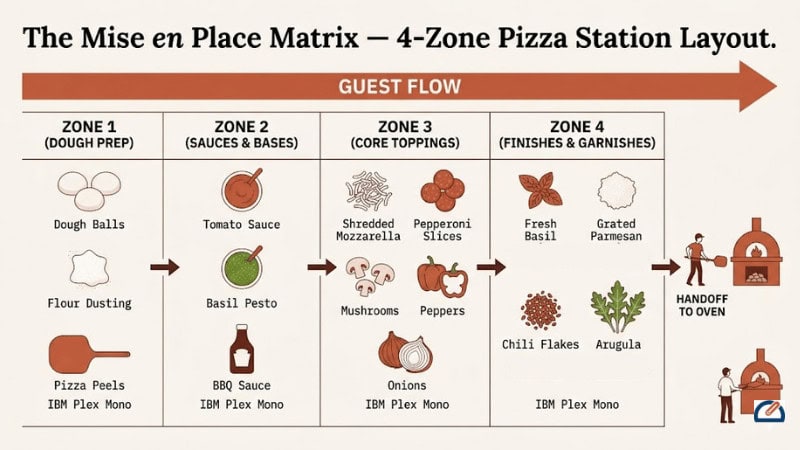 Mise en Place Matrix — four-zone pizza topping station layout diagram for interactive outdoor pizza night