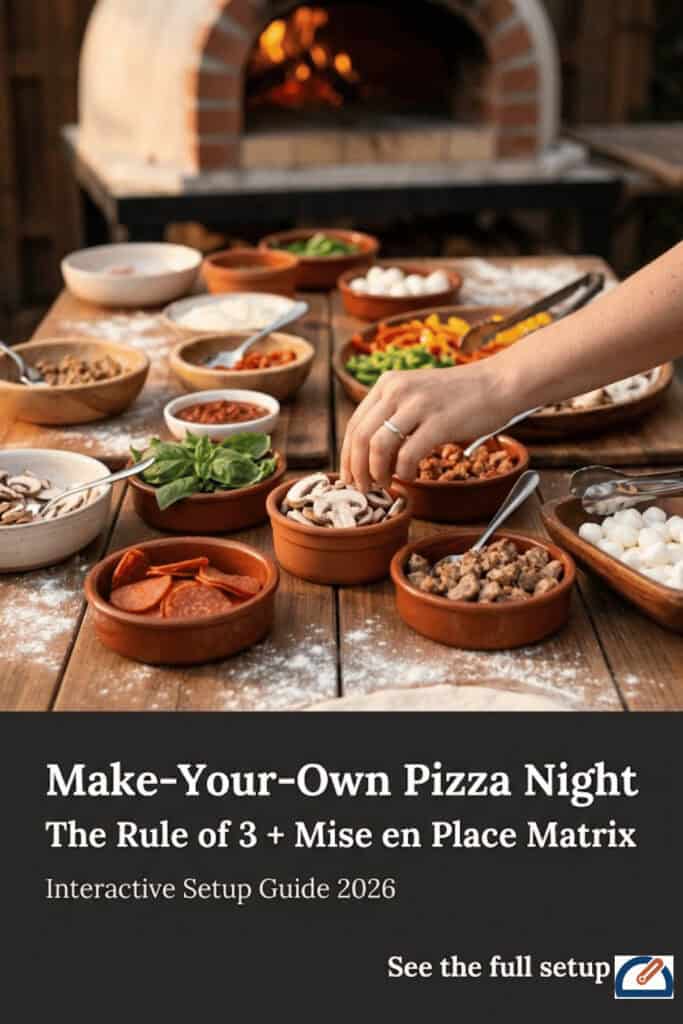 Make-your-own pizza night outdoor oven setup guide 2026 — Rule of 3 toppings and Mise en Place Matrix layout